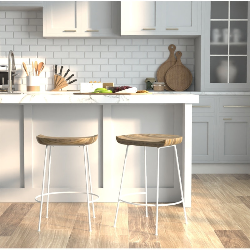 Tabouret de bar et de comptoir en bois massif Samanthia, Tabouret de comptoir (siège d'une hauteur de 24,5, Naturel / Blanc