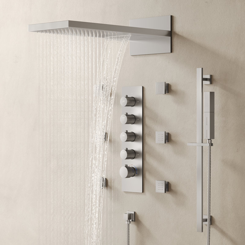 Ensemble de robinet de douche mural à deux fonctions Relaxajet avec pomme de douche thermostatique, valve brute incluse, 1.8