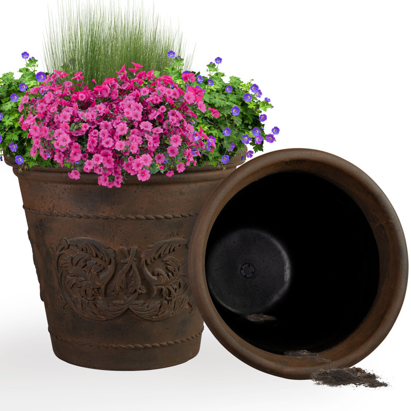 Arabella Polyresin Large Round Outdoor Planter - Rust - 19.5" - Set of 2, Brown