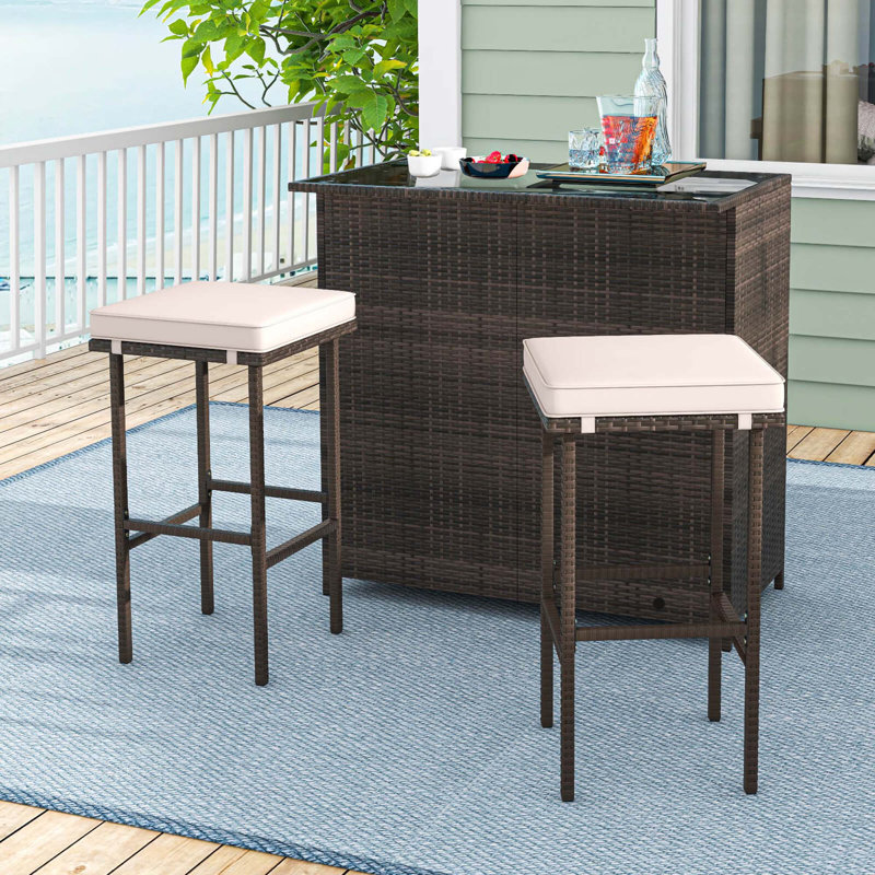 Ensemble de bar de patio 3 pièces avec plateau de rangement en verre trempé à 2 niveaux avec coussins amovibles