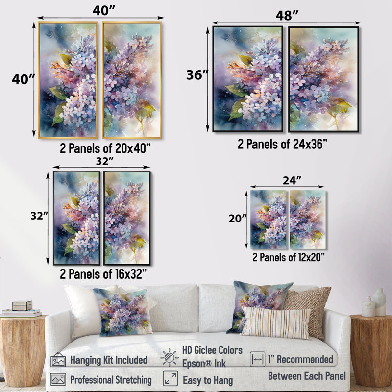 Mauve et vert lilas IV - lilas floral, art mural 2 panneaux, H 20 po x l 24 po, Impression encadrée flottante, Doré