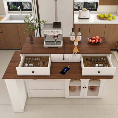 Kitchen Island with Extendable & Rotating Table, MDF with Walnut Veneer Retro Design, 4 Drawers & Glass Door Cabinets with Built-in Socket, Expandable Dining Station for 2-4 Person