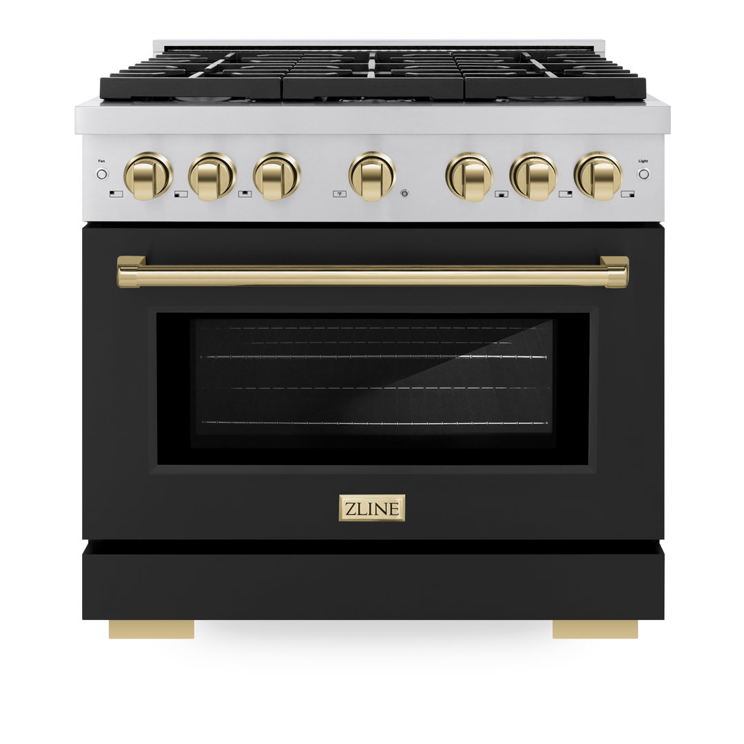 ZLINE Autograph Edition 36 in. 5.2 cu. ft. Paramount Dual Fuel Range W/ 6 Burner Gas Cooktop & Electric Convection Oven in Stainless Steel W/ Black Matte Door & Polished Gold Accents (SDRZ-BLM-36-G) ZLINE
