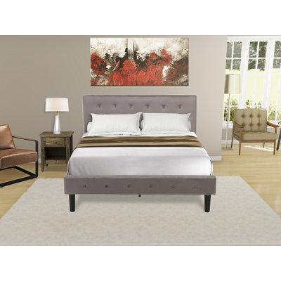 2 Piece Bedroom Set - Full Size Button Tufted Bed Frame - Brown Taupe Velvet Fabric Upholstered Headboard and a Distressed Jacobean Finish Nightstand