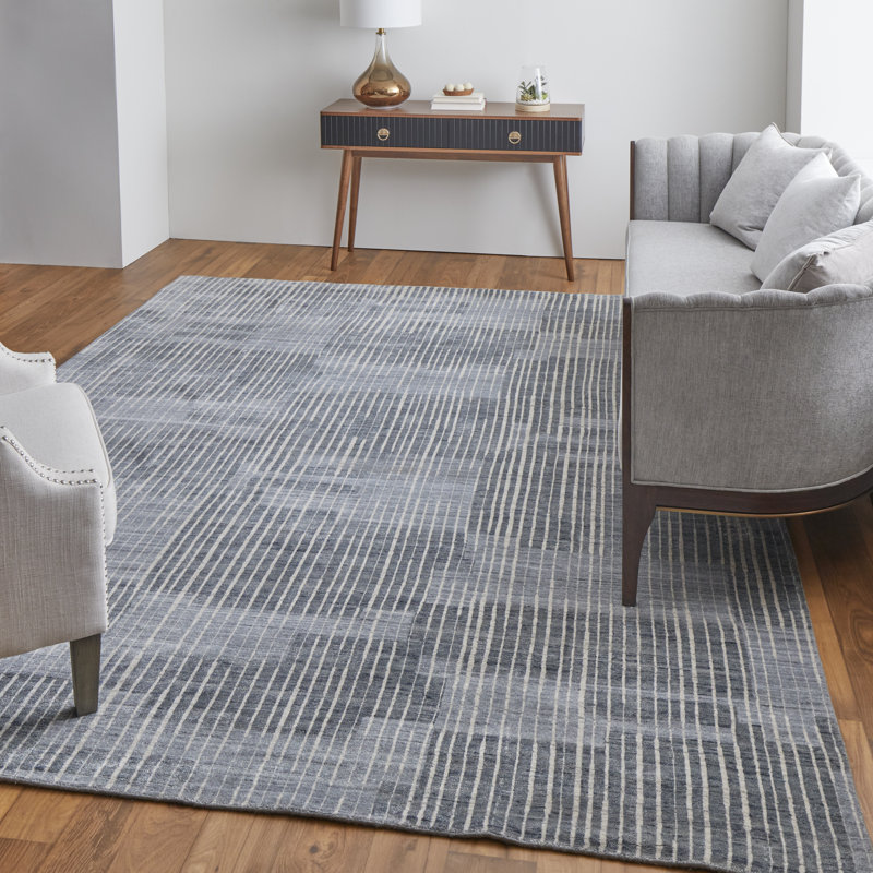 Tapis abstrait en viscose tissé à la main bleu / ivoire / gris, Tapis de couloir 2 pi 6 po x 8 pi