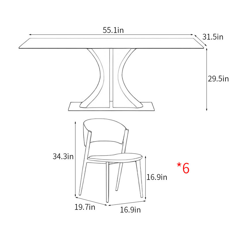 Simple light luxury rectangular dining table sets, 29.5"H x 55.1"L x 31.5"W