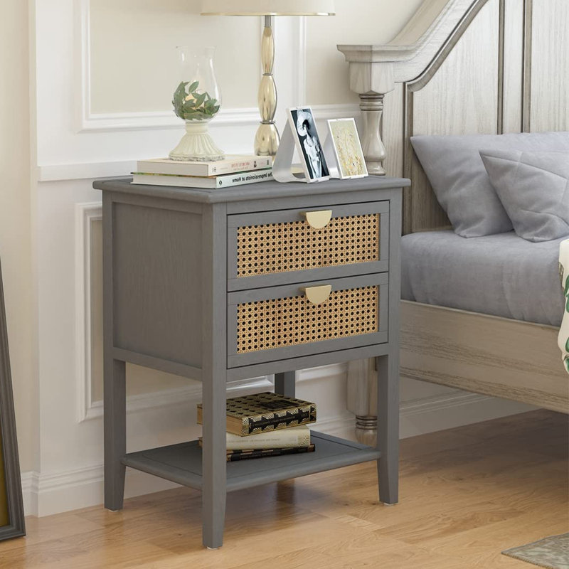 Master Classical Nightstand with 2 Rattan Drawers, Bedside Table with Storage, End Table, Gray