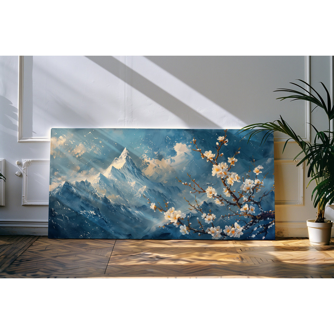 Gerahmtes Bild auf Leinwand 120x60cm Gebirge Berge Berggipfel Schneegipfel Natur Baumblüte