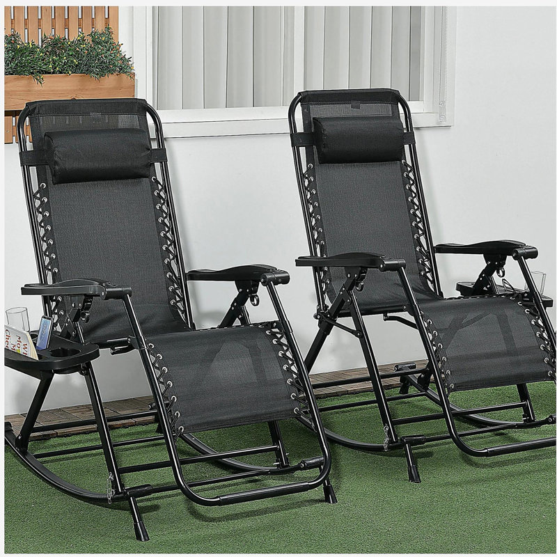 Chaises berçantes d'extérieur 2 pièces Outsunny, chaise berçante inclinable et inclinable pliable avec coussin, porte-gobelet et téléphone, pieds combinés, noir