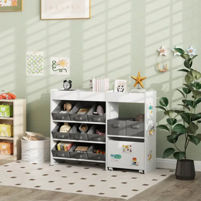 Kids Toy Storage Organizer with 11 Bins, Moveable Cabinet, Top Shelves, 3 Stickers, for Nursery, Playroom, White