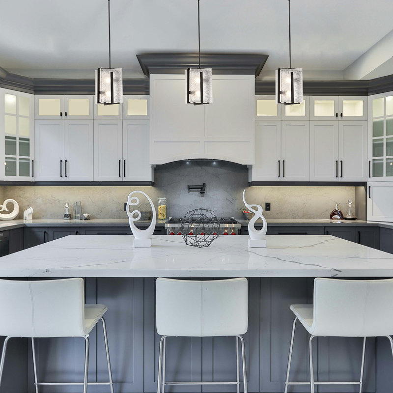 2-Light Frosted Glass Square/Rectangle Modern Pendant Light, Matte Black