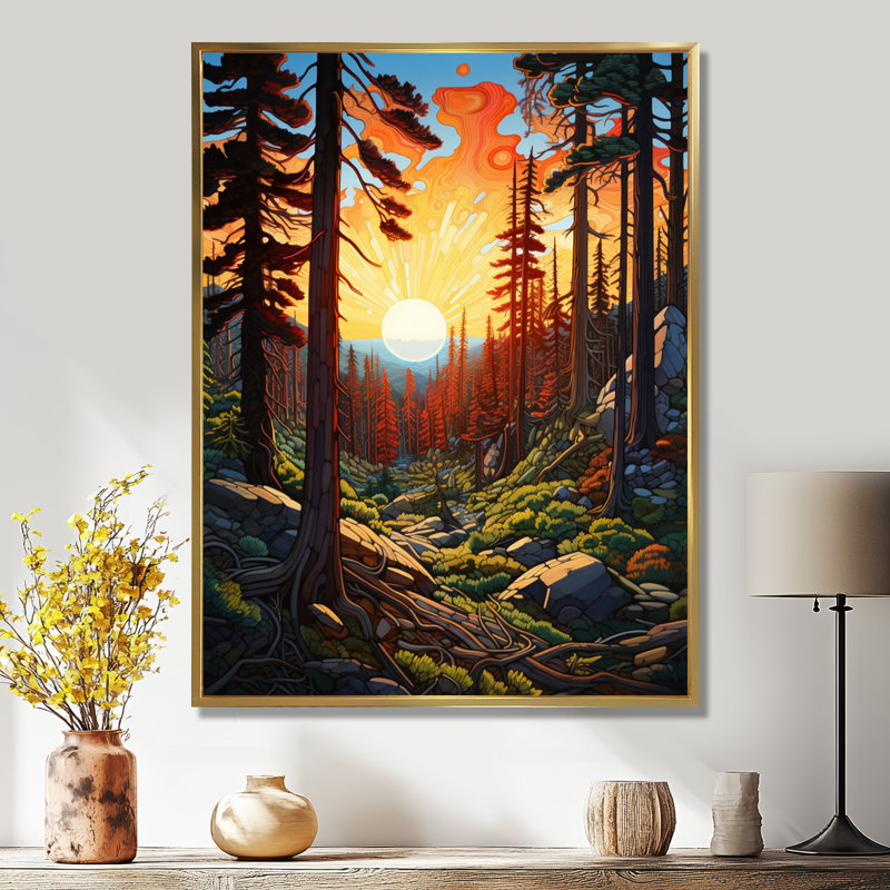 Couleurs chaudes du coucher du soleil dans les montagnes - forêt, art mural, Cadre doré flottant, bois massif