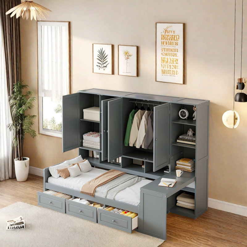 Multi-Functional Daybed with Desk, Shelves, Cabinets and Drawers, Space-Saving Bed Frame with Storage, Reversible Layout, Wood Frame for Bedroom, Apartment, Home Office
