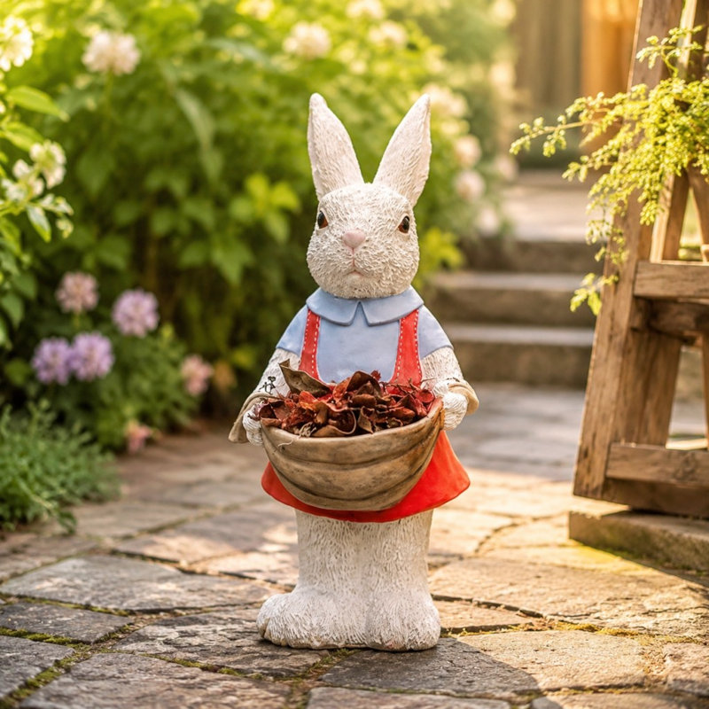 Statue de lapin de 43 cm avec pot de fleurs, sculpture, ornement de jardin
