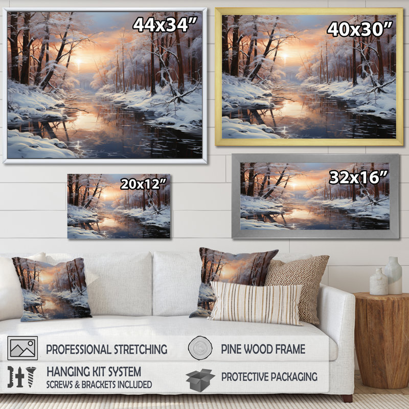 Frozen Wilderness Winter Landscape I - Art mural paysage d'hiver, Cadre flottant doré, H 24 po x l 32 po x P 1 po