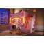 Lit mezzanine en bois pleine grandeur avec escalier de rangement, bureau, fenêtres, tablettes et lumière DEL, rose et rose clair-133706009