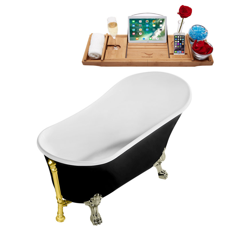 Baignoire de trempage sur pieds 59 "avec drain, pattes et plateau en bambou 59" Streamline, Or poli, Nickel brossé