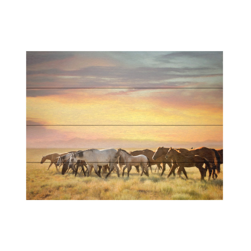 PHBurchett «Sunkissed Horses I», art en lattes de bois, L 16 po x H 12 po