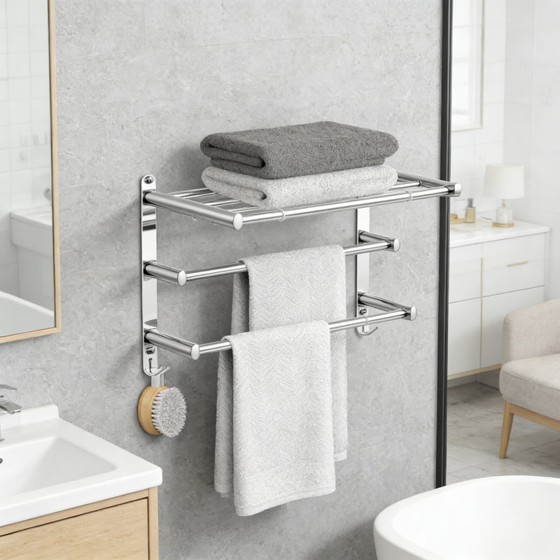 Barre à serviettes ajustable en acier inoxydable pour fixation murale dans la salle de bain - pas d'adhésif ou d'installation à vis - Porte-serviettes de douche extensible pour la cuisine - Porte-serviettes multicouche