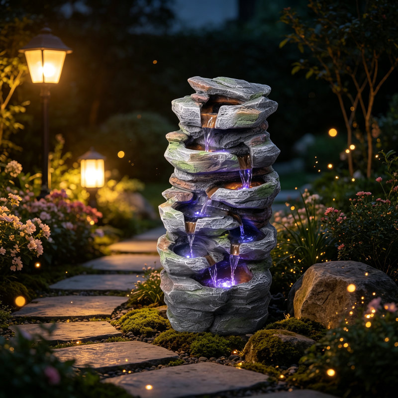 Fontaine à cascade en résine avec éclairage DEL intégré, composée de pierres empilées à plusieurs niveaux, idéale pour décorer terrasse, pelouse, jardin ou cour.