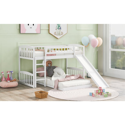 Twin Over Bunk Bed In White, Equipped With Slide And Reversible , Solid Pine Frame Material, Space - Saving For Bedrooms, Gray Style Features, 18 Support Slats White Built Adjustable Side