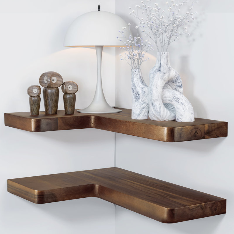 Set of 2 Solid Acacia Wood Corner Floating Shelf 17” X 12" For Wall Storage (Walnut), Walnut