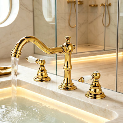 Widespread Lavatory Faucet with Porcelain Lever Handle, Polished Brass, 8-Inch Adjustable Center