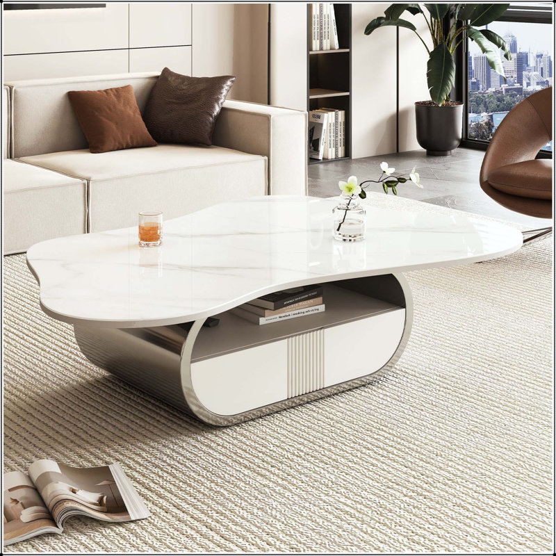 Table basse moderne avec dessus en pierre frittée et rangement Modern Butterfly, Blanc / Gris