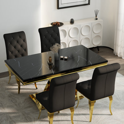 Luxury Black And Gold Dining Table Set With 4 Black Velvet Dining Chairs