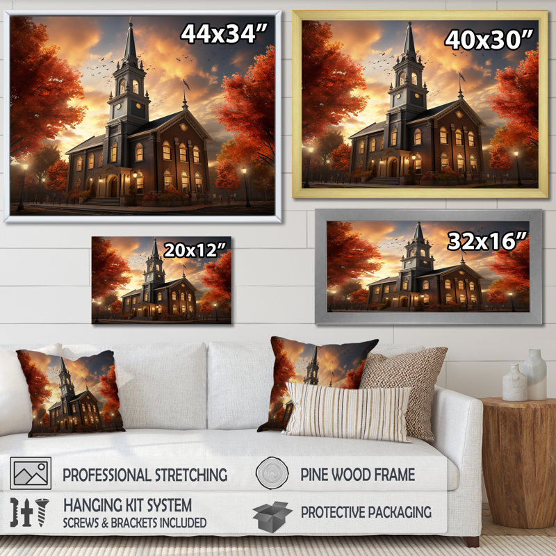 «Charme de la campagne religieuse», art mural Église, H 16 po x l 32 po x P 1 po, Cadre flottant noir