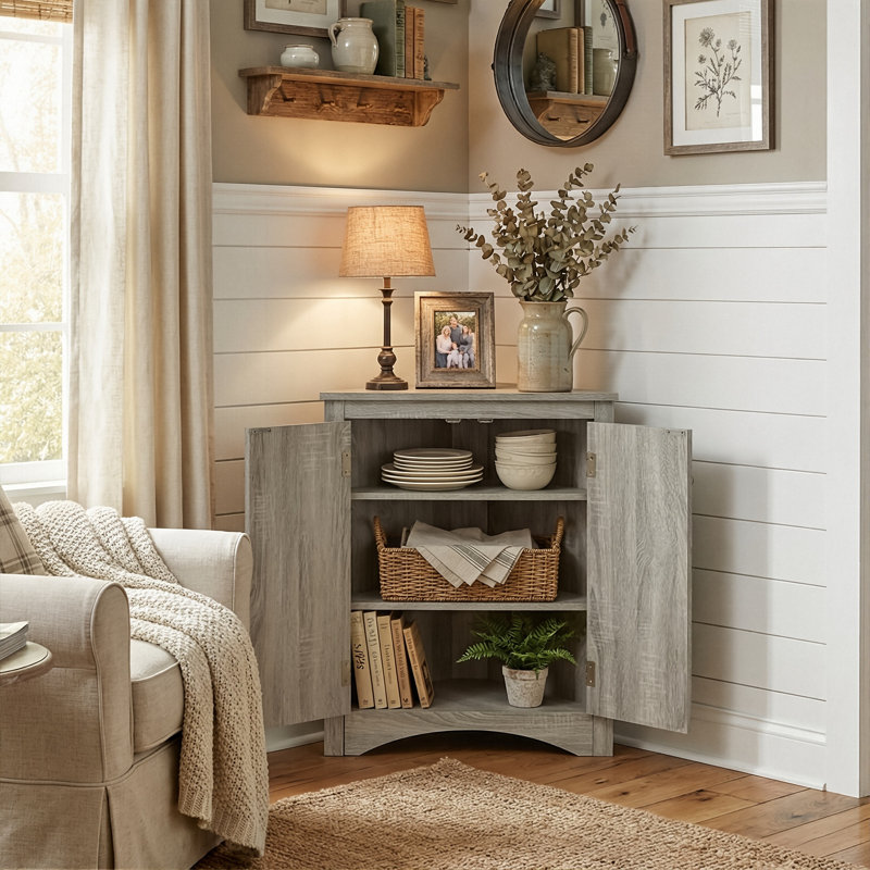 Modern Waterproof Corner Storage Cabinet, Sturdy MDF Triangle Floor Cabinet With Doors For Bathroom & Kitchen, Gray