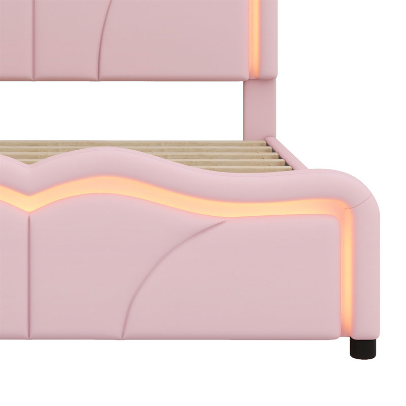 Lit plateforme tapissier avec tête de lit courbée et bandes lumineuses à DEL, Double, Rose
