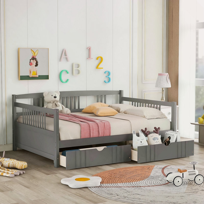 Lit de jour en bois avec deux tiroirs, Gris, Lit double