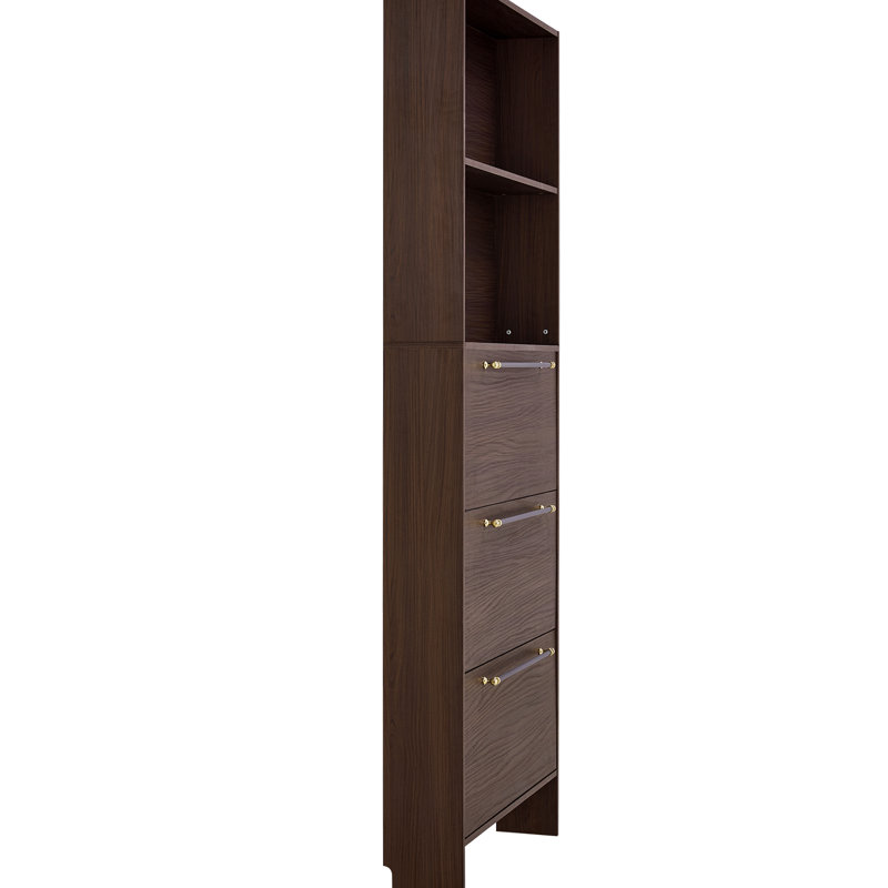 Freestanding Shoe Cabinet With 3 Flip Drawers. Hallway Storage. Solid , Walnut Finish, Metal Handles Entryway Rack Hue. Handles, Spacious Storage