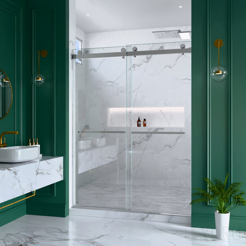 Porte de douche coulissante double sans cadre l 56 à 60 po x H 80 po, porte en verre trempé Sgcc de 3/8 po (10 mm) d'épaisseur, chrome
