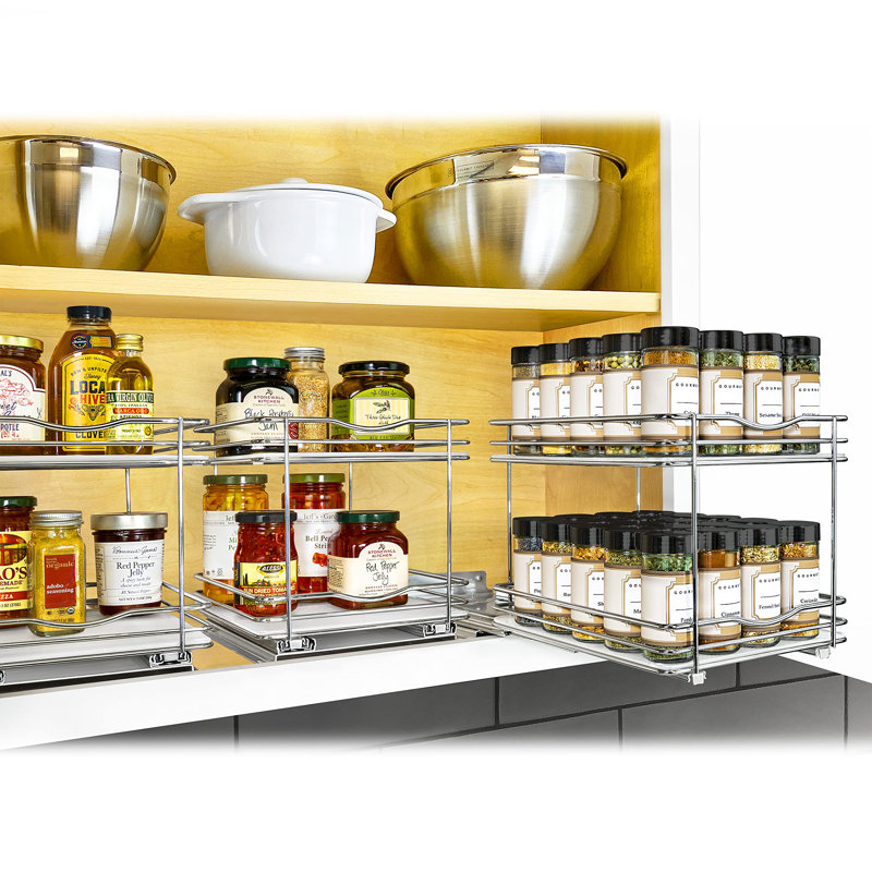 Pull Out Spice Rack Organizer For Inside Kitchen Cabinets,8-1/4 Inch Wide ,Slide Out Drawer, Chrome Sliding Spice Cabinet Organization Shelf Racks , 2 Tier,(Chrome)
