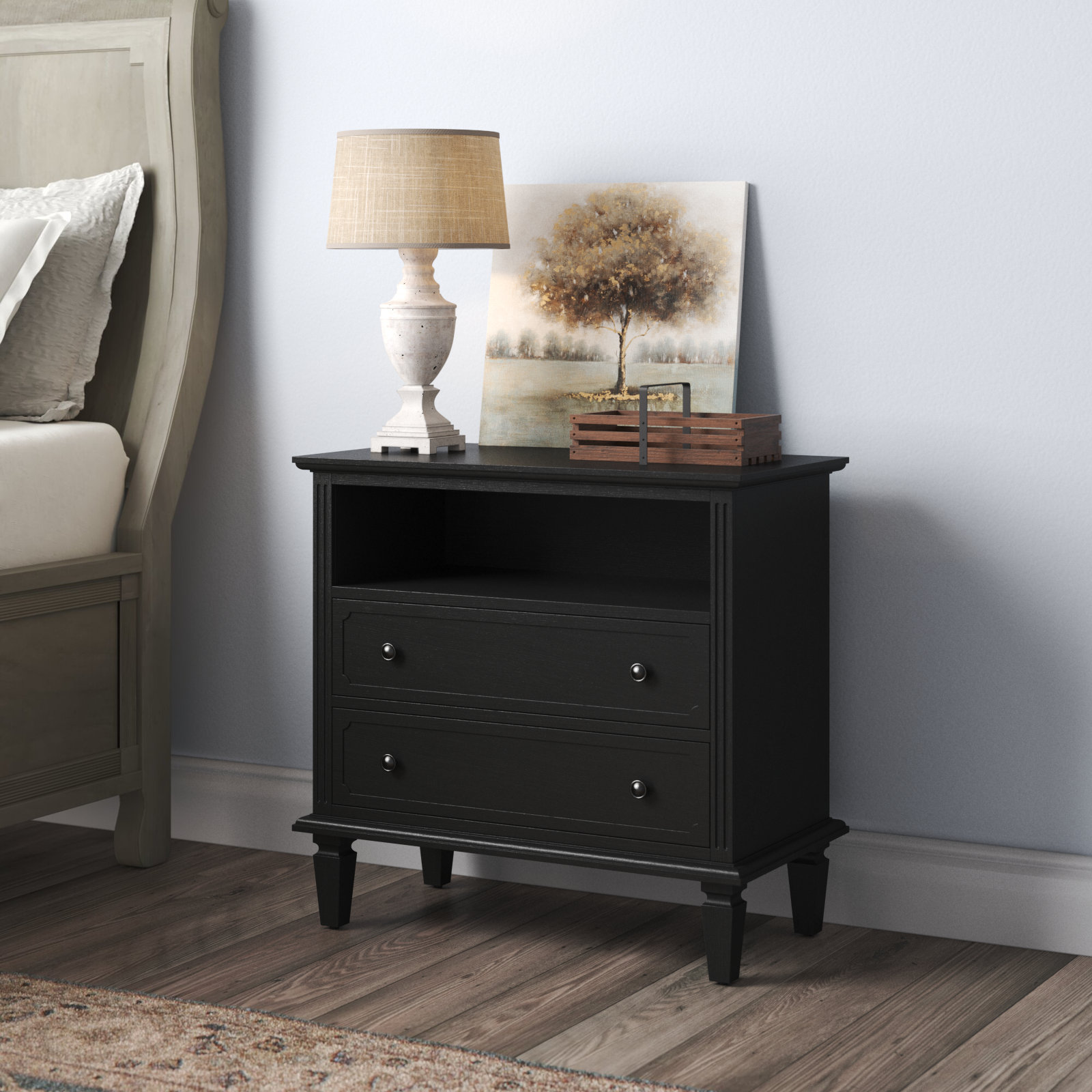 Amberlyn 27.2 H Traditional 2 Drawer Nightstand with Built in Outlets and Solid Wood Legs and Open Shelve Lark Manor Color Black
