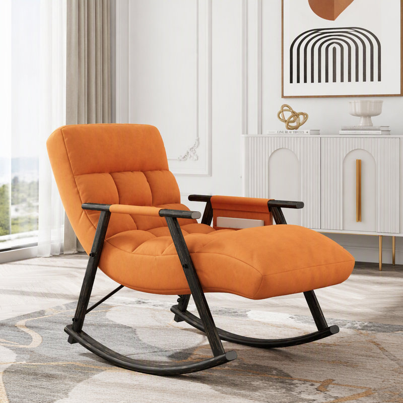 Folding Rocking Lounge Chair with Adjustable Back, Footrest & Side Pockets, Orange