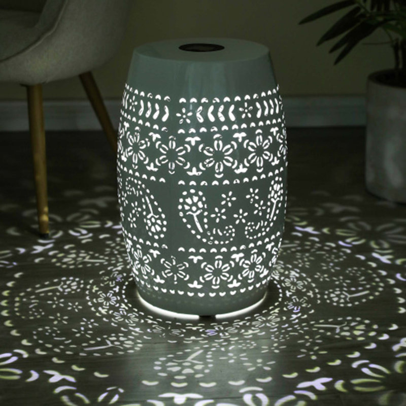 Solar Side Table With Built-In Solar Battery,Stunning Flower Pattern At Night, White
