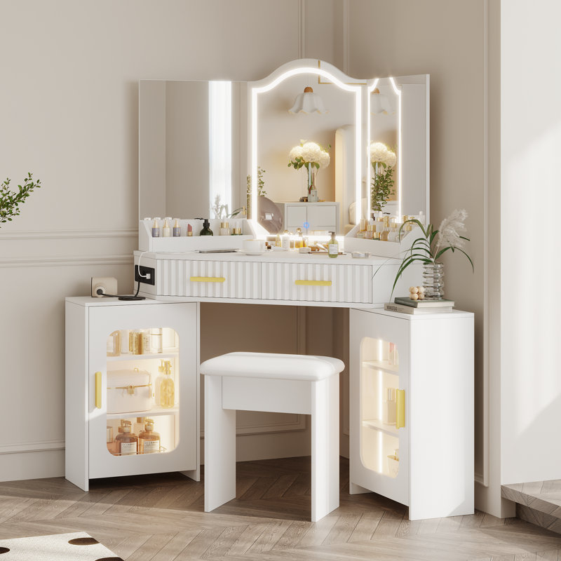 Bureau de coiffeuse de coin avec miroir à DEL et prises de courant, coiffeuse cannelée à 2 tiroirs et armoires de rangement