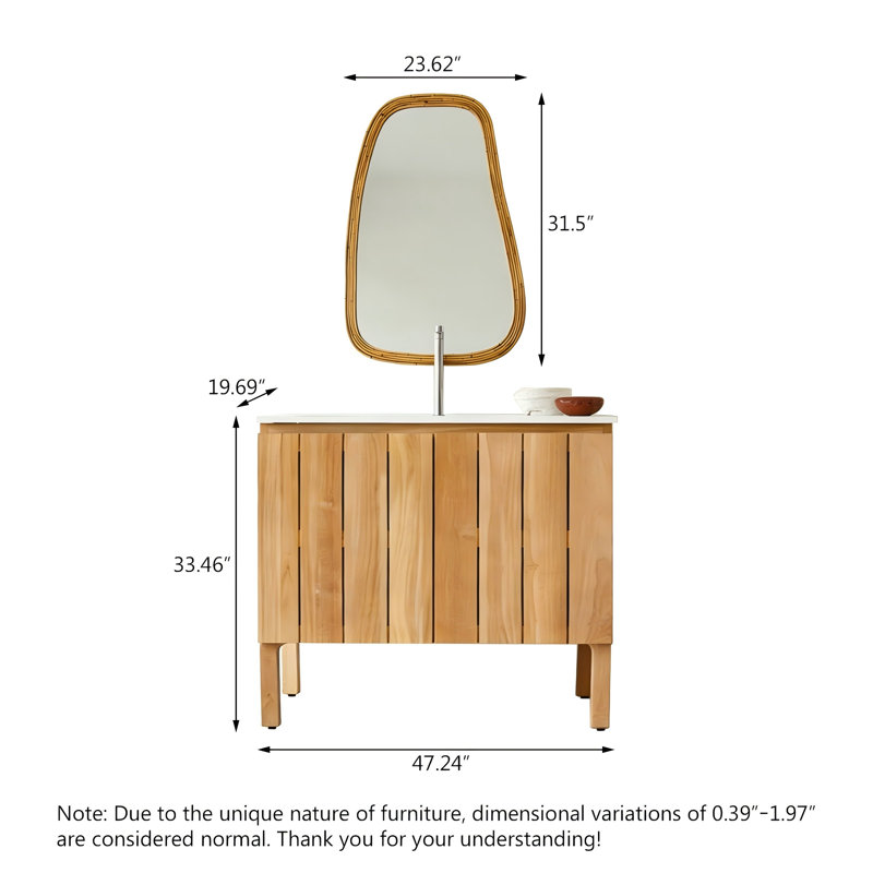 Meuble-lavabo autoportant en bois d'hévéa avec miroir, 33.46" H x 47.24" W x 19.68" D