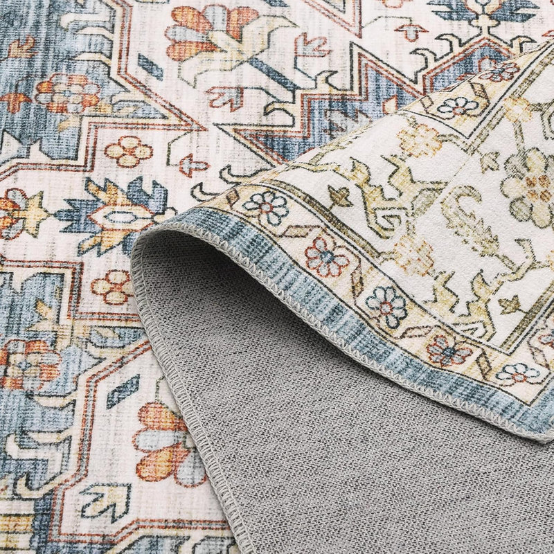 2x3 Vintage Floral Area Rug – Washable Boho Carpet, Non-Slip, Low Pile Floor Mat for Living Room, Office, Dining Room (Blue-Green)