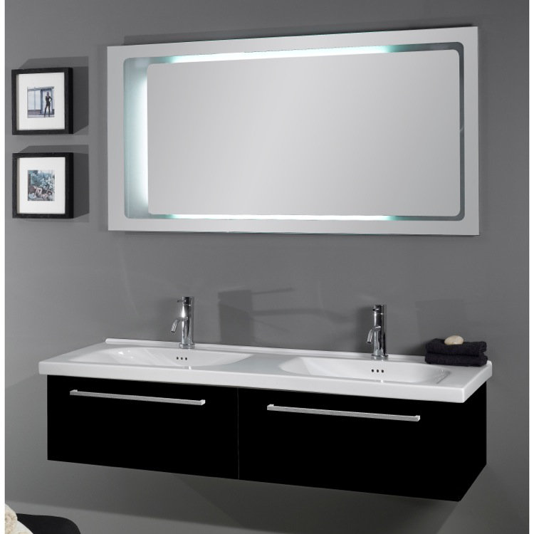 Ensemble de meuble-lavabo double 57 "avec miroir Fly, Noir lustré