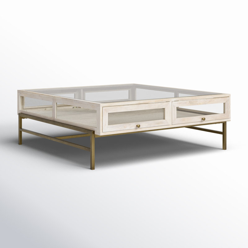 Warner Coffee Table with Storage, 15" x 43.5" x 42", White, Gold