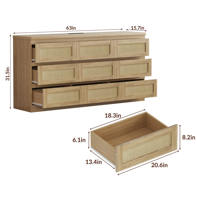  9 Drawer Dresser with Charging Station, Wide Farmhouse Chest for Bedroom or Living Room, Yellow