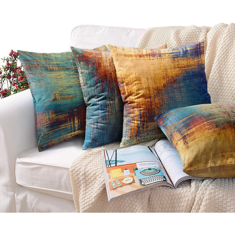 Ensemble de 4 housses de coussin rétro abstrait , Orange / vichy bleu