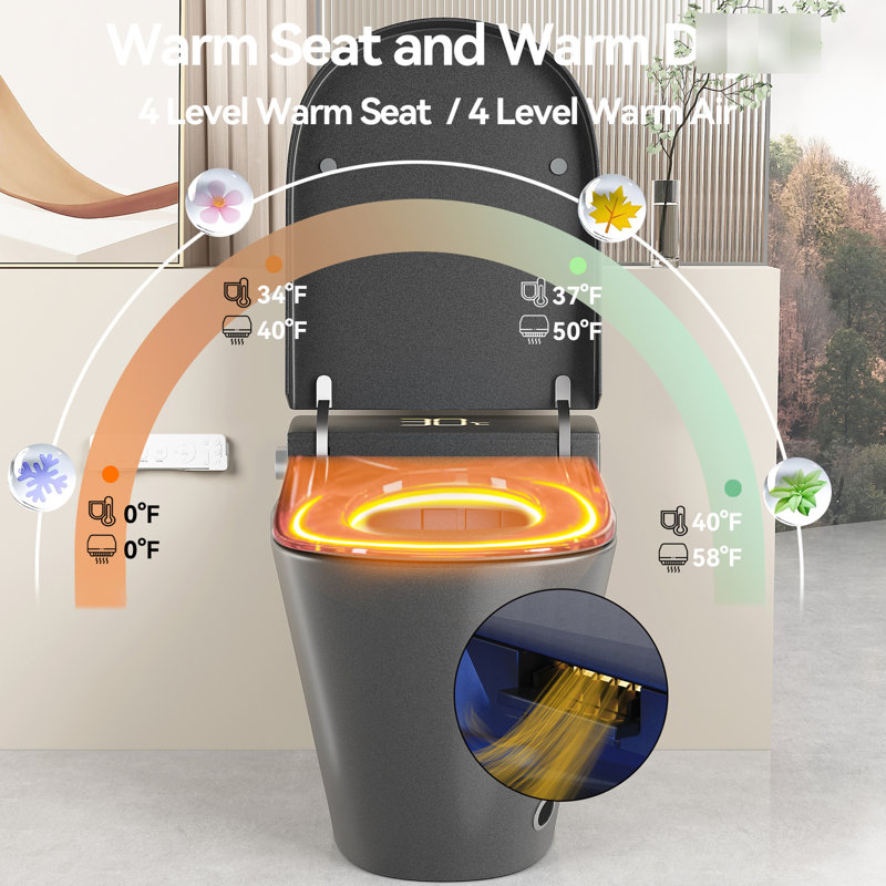 Unique Smart Toilet With Bidet, Auto Open/Close Seat, Heated Instant Warm Water, Led Display, Grey - Multiple Washing Modes Hands Operation, Flush, Seat Temperature Adjustment, Modes, Siphonic Jet