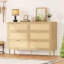 Commode 6 tiroirs, commode en rotin, commode en bois de ferme avec pieds en métal, commode double large, grande unité de tiroir pour chambre à coucher, salon, chambre de bébé, naturel