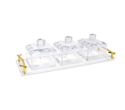3 plats de service en acrylique sur plateau avec couvercles et cuillères