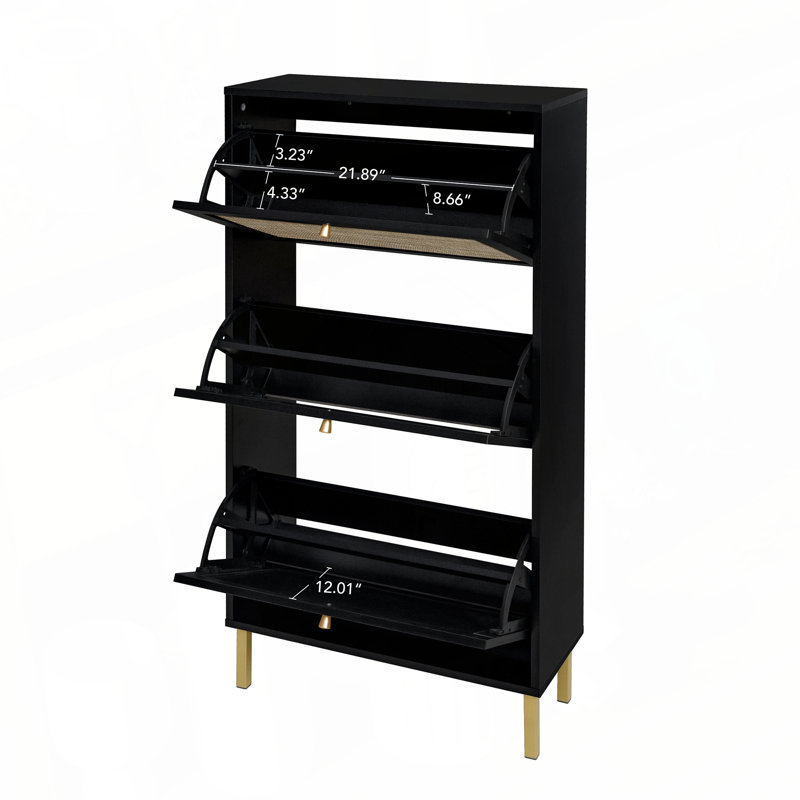 Étagère à chaussures en rotin 3 portes, armoire de rangement pour chaussures moderne autoportante, pour vestibule, Noir